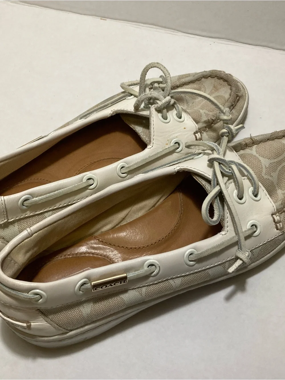 Coach Richelle Signature Canvas Boat Shoes Loafers Cream Women Size 7 Preppy